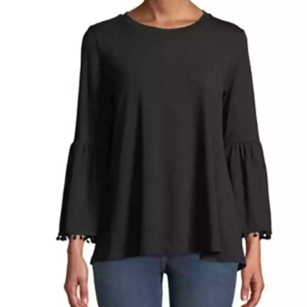 Johnny Was Calmè Medium Swing Black Flute Sleeve Pom Pom Trim Top Bamboo Cotton